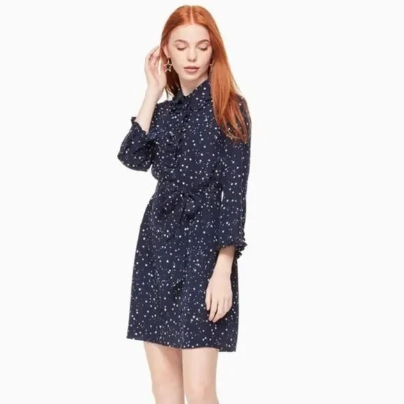 Kate Spade Womens Silk Navy Blue Star 3/4 Sleeve Ruffle Mini Dress Sz XS - Picture 1 of 11